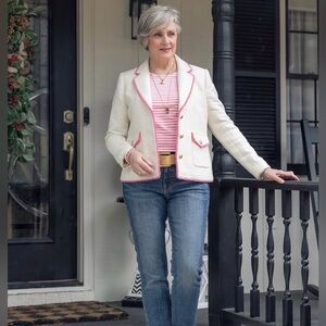 Talbots White Textured Blazer with Pink Trim Size 8P